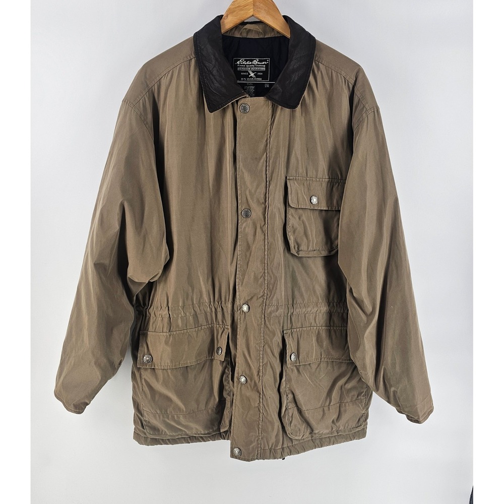 Vintage Eddie Bauer Field Jacket Mens L Barn Coat Brown Leather Collar Utility